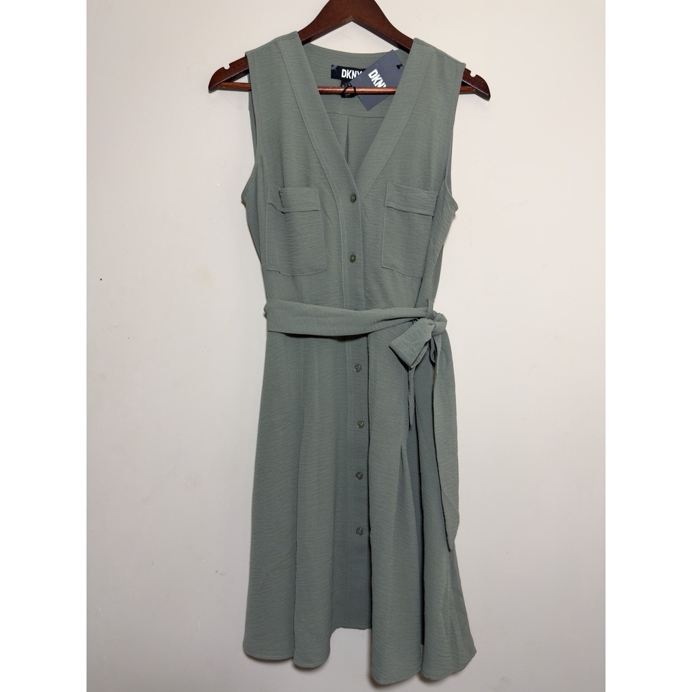 NWT DKNY Olive Sleeveless Button Front Shirt Dress Belted Pockets US 10‎ ($129)